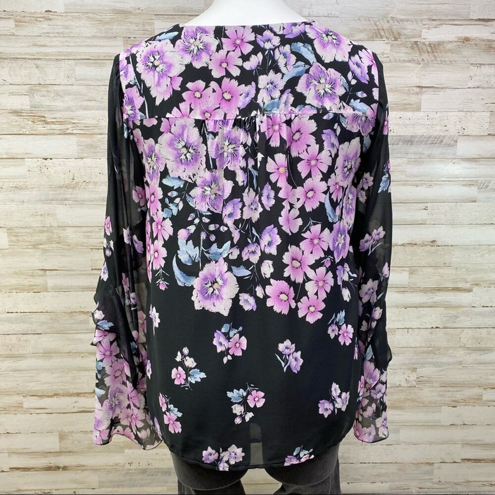 Nanette Lepore Zen Silk Floral Blouse Womens Size S Purple Black Bell Sleeve - Picture 11 of 16